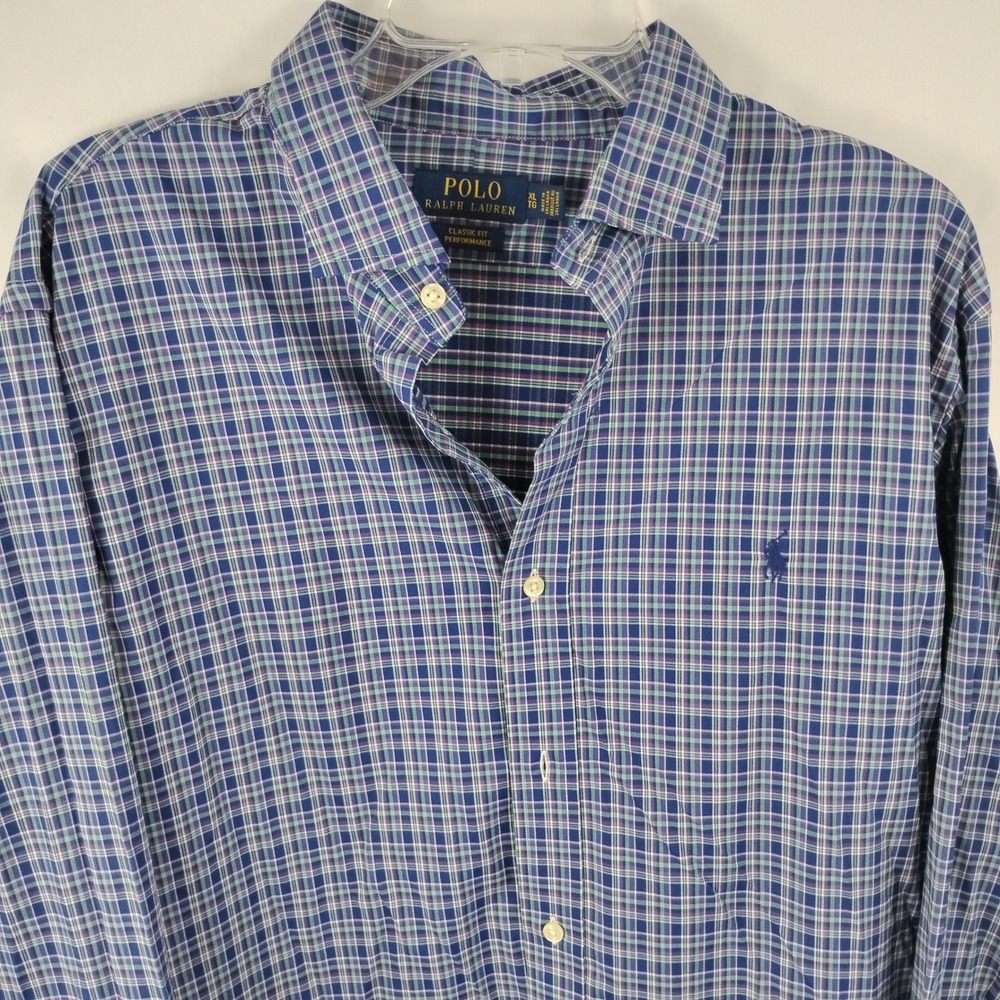 Polo Ralph Lauren Mens XL Classic Fit Performance Plaid Button Down Shirt Blue - Picture 5 of 14